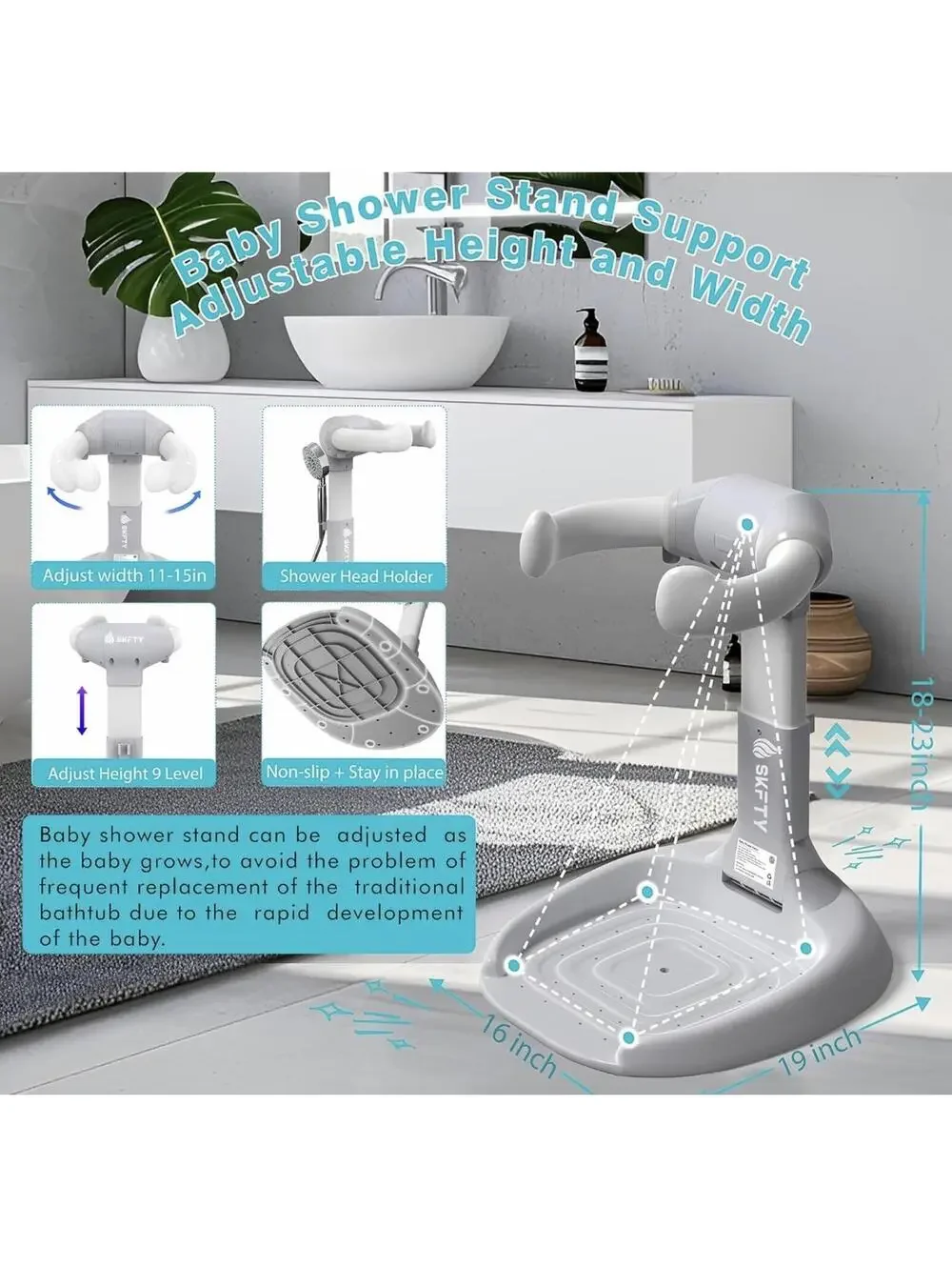 Adjustable Baby Shower Stand Support with Anti-Slip Base and Drainage